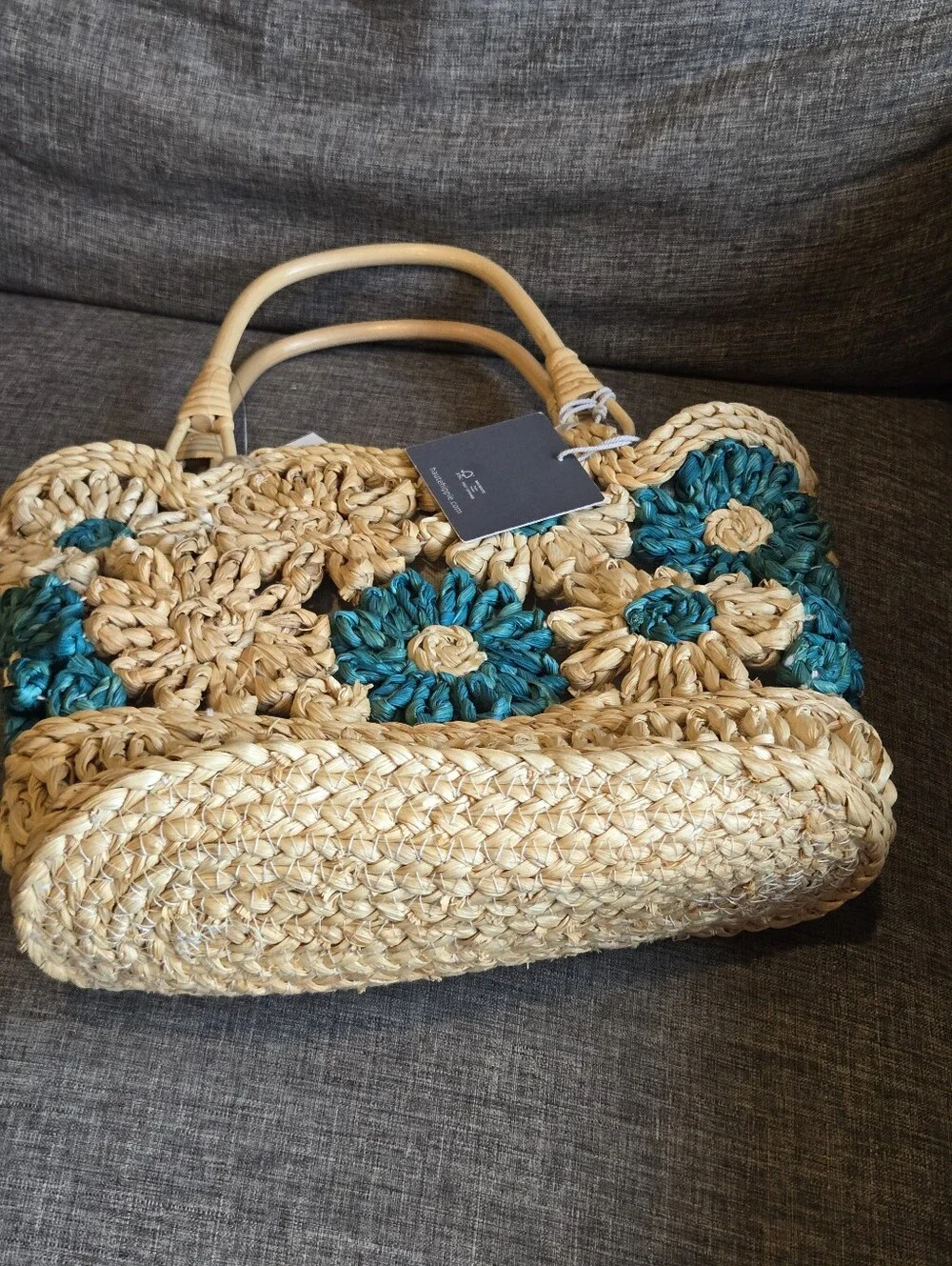 Haute Hippie Teal And Natural Woven Straw Floral Tote Bag With Bamboo Handles